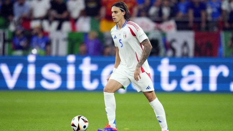 Italy's Riccardo Calafiori controls the ball during a Group B match between Spain and Italy at the Euro 2024 soccer tournament in Gelsenkirchen, Germany, June 20, 2024. (Manu Fernandez/AP Photo