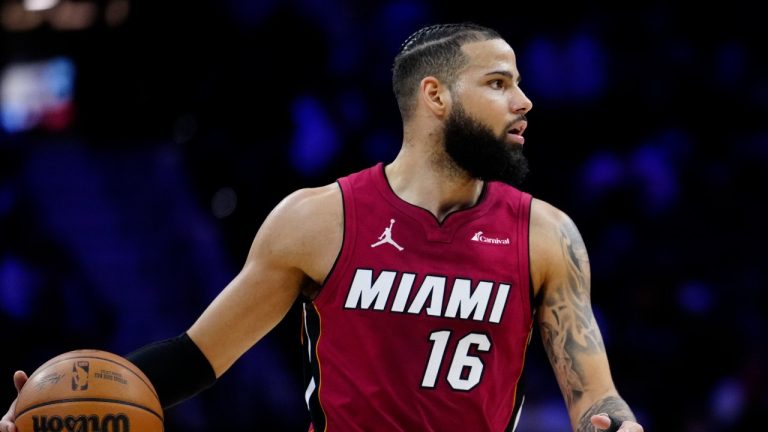 Miami Heat's Caleb Martin during the first half of an NBA game, March 18, 2024, in Philadelphia. (AP Photo/Matt Rourke)