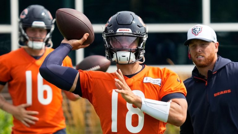 Chicago Bears quarterback Caleb Williams throws during an NFL training camp practice in Lake Forest, Ill., July 23, 2024. (AP Photo/Nam Y. Huh)