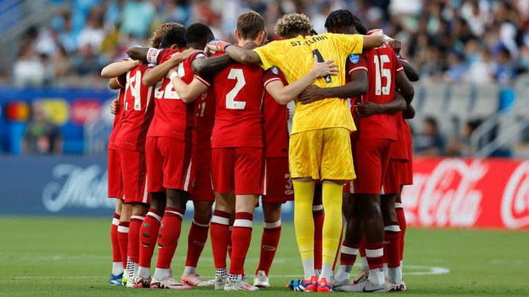 Canada's players gather prior to start of the Copa America third place soccer match against Uruguay in Charlotte, N.C., Saturday, July 13, 2024. (Nell Redmond/AP Photo)