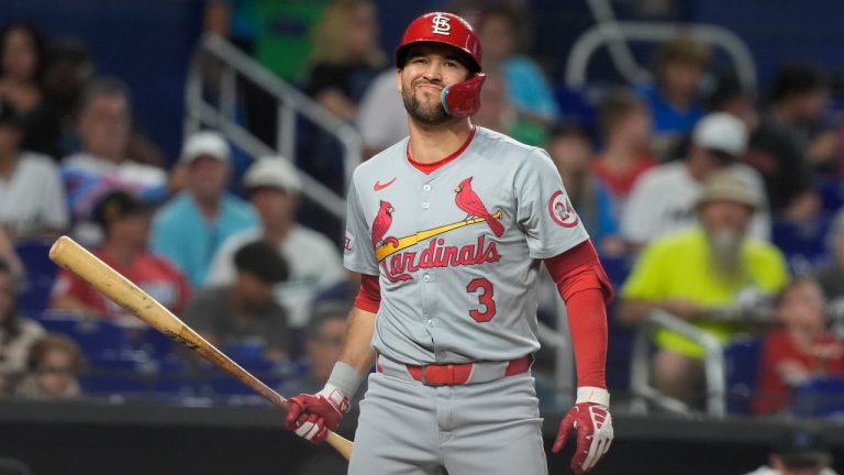 St. Louis Cardinals' Dylan Carlson (3) reacts to a strike during the fourth inning of a baseball game against the Miami Marlins. (Marta Lavandier/AP)