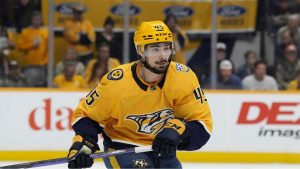 Nashville Predators' Alexandre Carrier plays against the Columbus Blue Jackets during an NHL hockey game Saturday, April 13, 2024, in Nashville, Tenn. (Mark Humphrey/AP Photo)