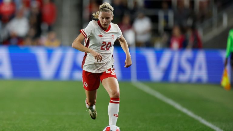 Canada's Cloe Lacasse plays against the United States during a SheBelieves Cup women's soccer match Tuesday, April 9, 2024, in Columbus, Ohio. (AP/Jay LaPrete)