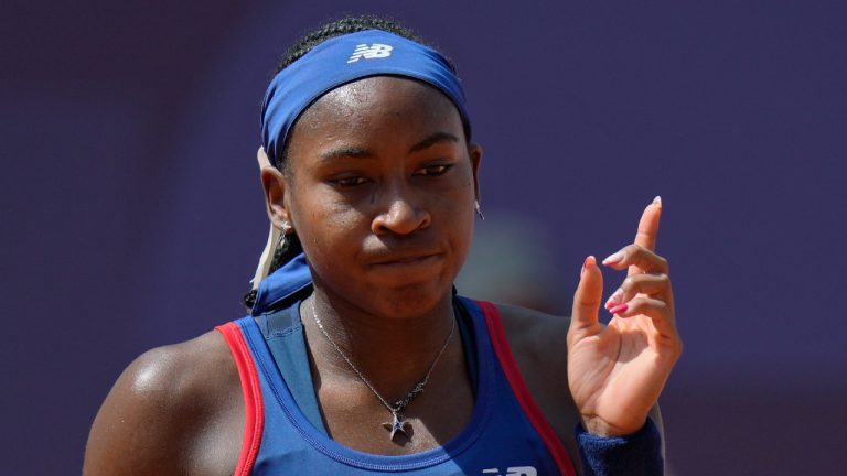 Coco Gauff of United States gestures as she plays against Donna Vekic of Croatiathe during their women's singles third round match at the Roland Garros stadium, at the 2024 Summer Olympics, Tuesday, July 30, 2024, in Paris, France. (Andy Wong/AP)