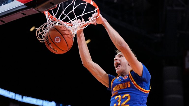 East forward Cooper Flagg dunks on a fast break during the third quarter of the McDonald's All American boys' basketball game Tuesday, April 2, 2024, in Houston. The incoming Duke freshman is among the potential headliners for the 2025 NBA draft. (Kevin M. Cox/AP)