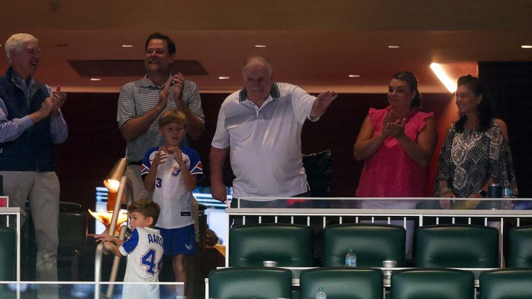 Former Atlanta Braves manager Bobby Cox, center top, waves to the crowd during a baseball game against the Philadelphia Phillies, Saturday, July 6, 2024, in Atlanta. (Brett Davis/AP)