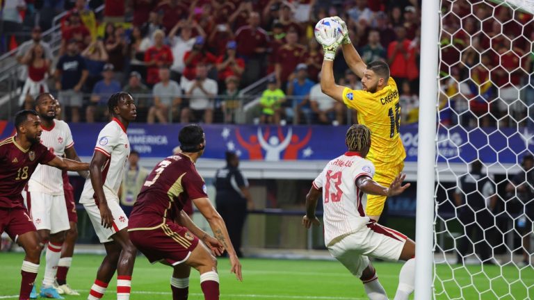 Canada goalkeeper Maxime Crepeau (16) makes a stop during a Copa America quarterfinal soccer match between Venezuela and Canada in Arlington, Texas, Friday, July 5, 2024. (AP/Richard Rodriguez)