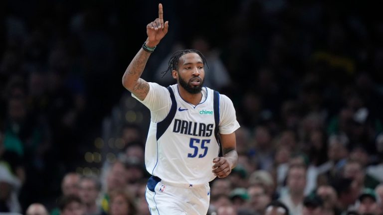 Dallas Mavericks forward Derrick Jones Jr. celebrates after scoring during Game 2 of the NBA Basketball Finals against the Boston Celtics, Sunday, June 9, 2024, in Boston. (Steven Senne/AP Photo)