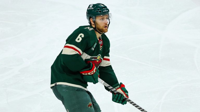 Minnesota Wild defenceman Dakota Mermis skates with the puck during an NHL game against the New Jersey Devils, Nov. 2, 2023. (AP Photo/Matt Krohn)