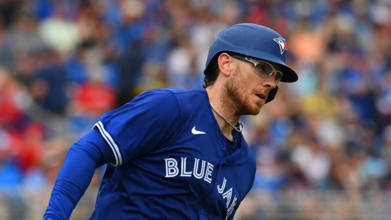 Toronto Blue Jays catcher Danny Jansen runs the bases after hitting a run scoring double against the Atlanta Braves during spring training action Saturday, March 2, 2024. (THE CANADIAN PRESS/Mark Taylor)