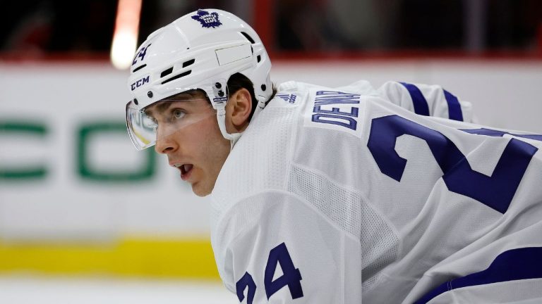 Toronto Maple Leafs' Connor Dewar watches the puck against the Carolina Hurricanes during the second period of an NHL hockey game in Raleigh, N.C., Sunday, March 24, 2024. (Karl B DeBlaker/AP Photo)