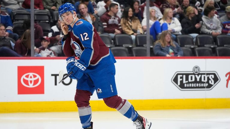 Colorado Avalanche right wing Brandon Duhaime in the second period of an NHL hockey game Tuesday, March 26, 2024, in Denver. (David Zalubowski/AP Photo)