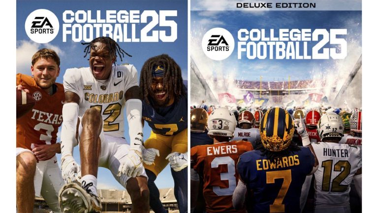 This combo of images provided by EA Sports, shows the video game covers for the new standard edition College Football 25, left, and Deluxe Edition College Football 25, featuring Texas' Quinn Ewers, Colorado's Travis Hunter, and Michigan's Donovan Edwards. (EA Sports via AP)