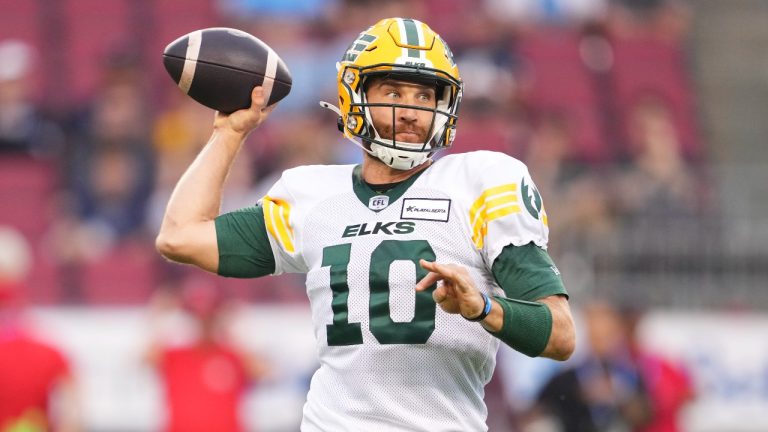 Edmonton Elks quarterback McLeod Bethel-Thompson (10) throws a pass against the Toronto Argonauts during the first half CFL football action in Toronto, Saturday, June 22, 2024. THE CANADIAN PRESS/Mark Blinch