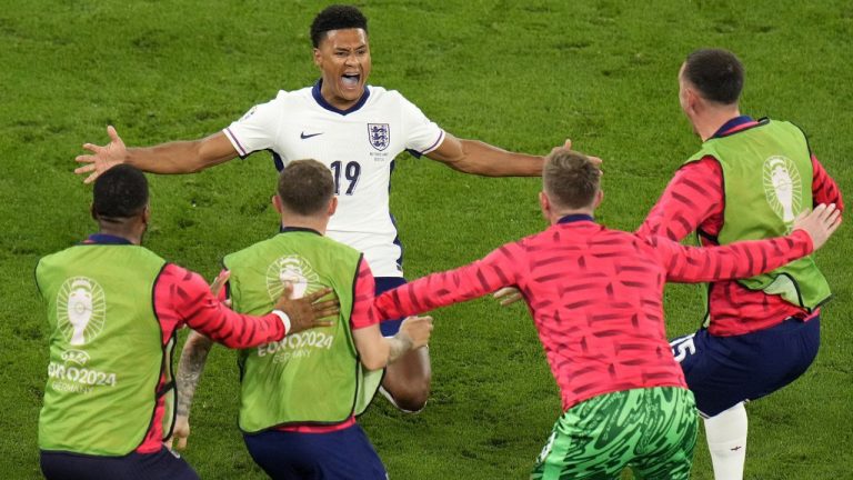 England players celebrate after winning a semifinal match against the Netherlands at the Euro 2024 soccer tournament in Dortmund, Germany, Wednesday, July 10, 2024. (Hassan Ammar/AP)