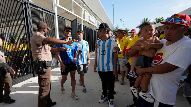 Police agents give instructions to fans outside the stadium prior to the Copa America final soccer match between Argentina and Colombia Sunday, July 14, 2024, in Miami Gardens, Fla. (Lynne Sladky/AP)