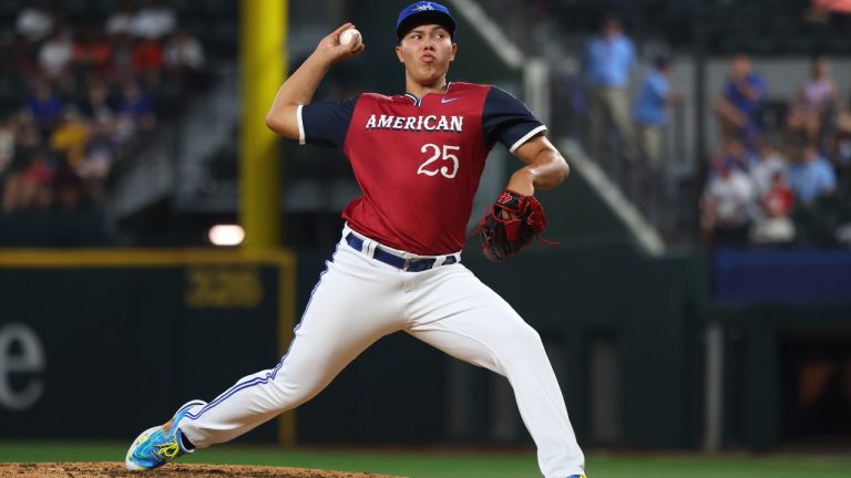 Fernando Perez #25 of the Toronto Blue Jays pitches during the sixth inning of the All-Star Futures Game at Globe Life Field on July 13, 2024 in Arlington, Texas. (Richard Rodriguez/Getty Images)