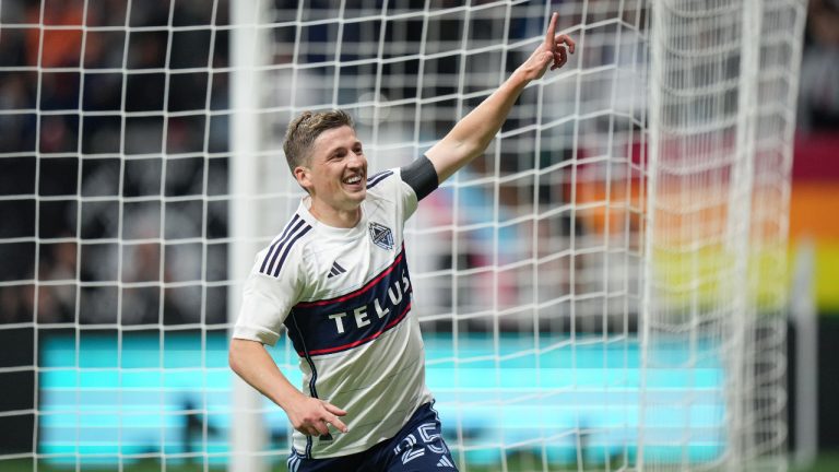 Vancouver Whitecaps' Ryan Gauld celebrates his goal against Toronto FC during second half MLS soccer action in Vancouver, B.C., on April 6, 2024. (Darryl Dyck/CP)