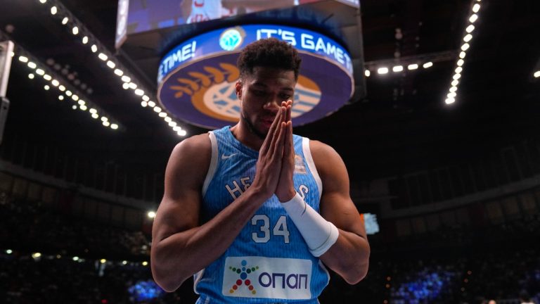 Greece's Giannis Antetokounmpo prepares for a FIBA Olympic Qualifying basketball final against Croatia, at the Peace and Friendship stadium, at Athens' port city of Piraeus. (Petros Giannakouris/AP)