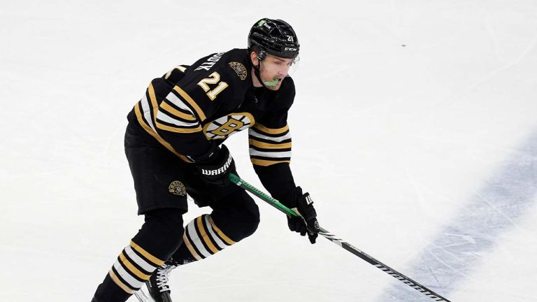 Boston Bruins' James van Riemsdyk plays against the Winnipeg Jets during the first period of an NHL hockey game, Monday, Jan. 22, 2024, in Boston. (Michael Dwyer/AP)