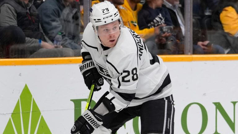 Los Angeles Kings' Jaret Anderson-Dolan plays during an NHL game against the Nashville Predators, Jan. 31, 2024. (AP Photo/George Walker IV)