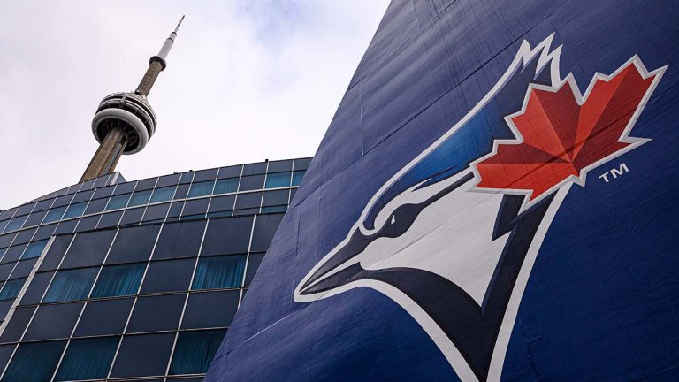 The Toronto Blue Jays logo is pictured ahead of MLB baseball action in Toronto on Wednesday, April 27, 2022.
It's time for the Toronto Blue Jays to restock their minor league system. (Christopher Katsarov/CP)