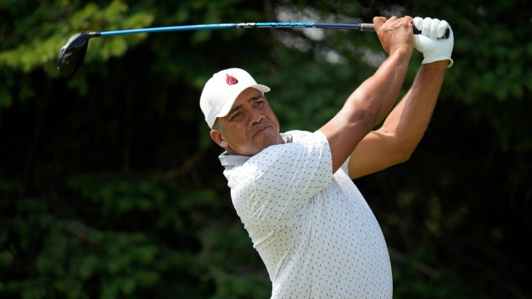 Jhonattan Vegas watches his tee shot on the second hole during the third round of the 3M Open golf tournament at the Tournament Players Club, Saturday, July 27, 2024, in Blaine, Minn. (AP Photo/Charlie Neibergall)