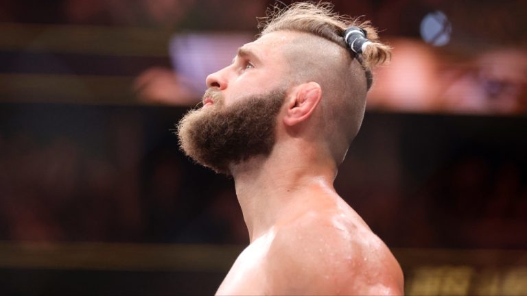 Jiri Prochazka looks out from the Octagon after losing a title fight to light heavyweight champion Alex Pereira at UFC 303. (Steve Marcus/Las Vegas Sun via AP)