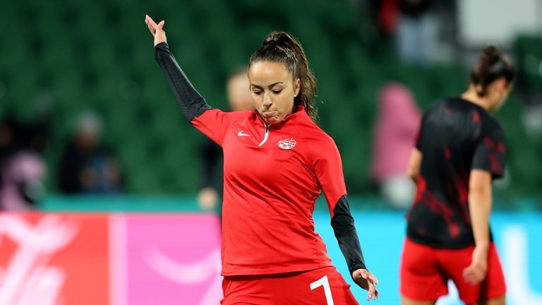 Julia Grosso of Canada warms up before the Canada vs. Ireland Group B match at the FIFA Women's World Cup in Perth, Australia, July 26, 2023. THE CANADIAN PRESS/James Worsfold