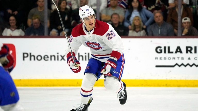 Montreal Canadiens left wing Juraj Slafkovsky skates down ice during the first period of an NHL hockey game against the Arizona Coyotes Thursday, Nov. 2, 2023, in Tempe, Ariz. (AP)