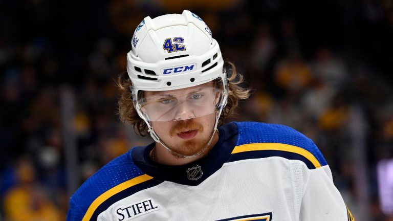 St. Louis Blues right wing Kasperi Kapanen plays against the Nashville Predators during the second period of an NHL hockey game Thursday, April 4, 2024, in Nashville, Tenn. (Mark Zaleski/AP Photo)