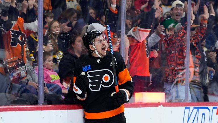 Philadelphia Flyers' Travis Konecny reacts after scoring a goal during the second period of an NHL hockey game against the Boston Bruins, Saturday, March 23, 2024, in Philadelphia. (Matt Slocum/AP Photo)