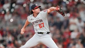 Washington Nationals pitcher Kyle Finnegan delivers in the ninth inning of a game against the Atlanta Braves, May 30, 2024. (AP Photo/Brynn Anderson)