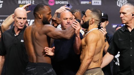 UFC-welterweight-champion-Leon-Edwards-faces-off-with-Belal-Muhammad-at-the-UFC-304-ceremonial-weigh-ins
