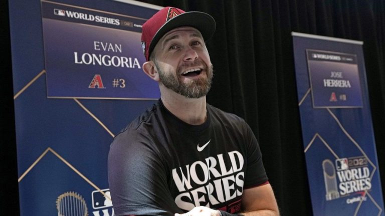 Arizona Diamondbacks third baseman Evan Longoria answers a question during a World Series baseball media day Oct. 26, 2023, in Arlington, Texas. (Tony Gutierrez/AP Photo)
