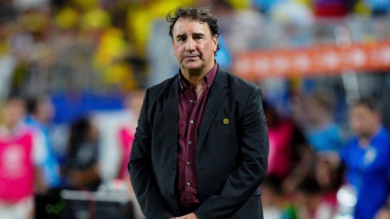 Colombia's coach Nestor Lorenzo watches his team playing Uruguay in a Copa America semifinal soccer match in Charlotte, N.C., Wednesday, July 10, 2024. (Jacob Kupferman/AP)