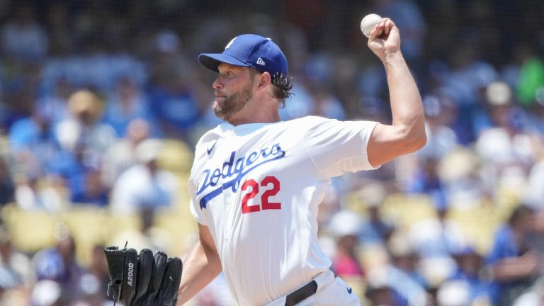 Los Angeles Dodgers starting pitcher Clayton Kershaw (22) throws a pitch during the third inning of a baseball game against the San Francisco Giants in Los Angeles, Calif., Thursday, July 25, 2024. (AP Photo/Eric Thayer)