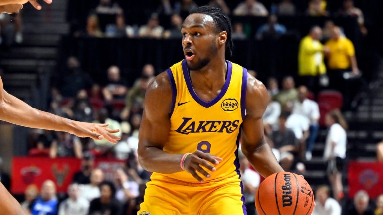 Los Angeles Laker guard Bronny James Jr. handles the ball during the first half of an NBA summer league basketball game against the Houston Rockets Friday, July 12, 2024, in Las Vegas. (David Becker/AP)