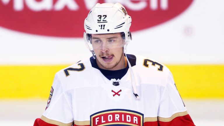 Florida Panthers' Lucas Carlsson during a game against the Calgary Flames in Calgary, Alta., Jan.18, 2022. THE CANADIAN PRESS IMAGES/Larry MacDougal