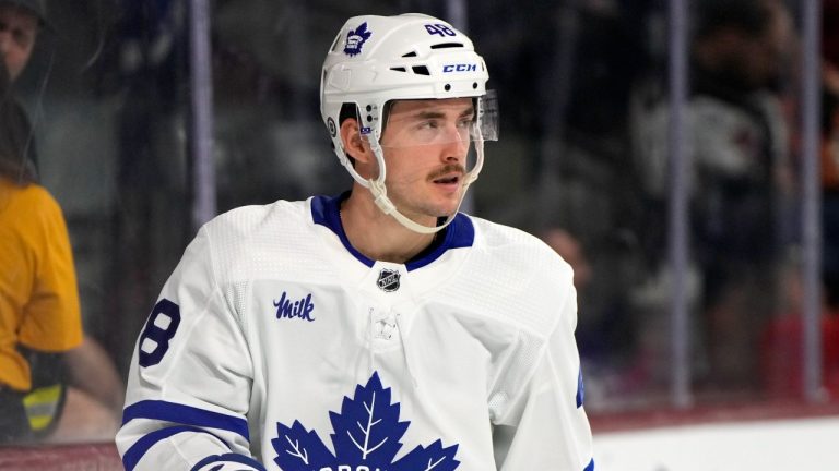 Toronto Maple Leafs defenseman Maxime Lajoie during an NHL game against the Arizona Coyotes, Feb. 21, 2024. (AP Photo/Rick Scuteri)