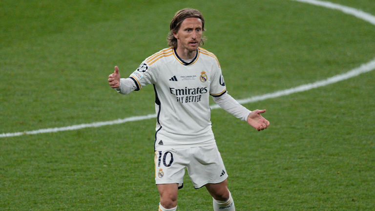 Real Madrid's Luka Modric reacts during the Champions League final soccer match between Borussia Dortmund and Real Madrid at Wembley stadium in London, Saturday, June 1, 2024. (Dave Shopland/AP)