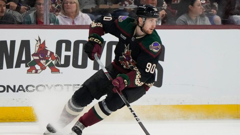 Arizona Coyotes defenceman J.J. Moser in the first period during an NHL hockey game against the Detroit Red Wings, Friday, March 8, 2024, in Tempe, Ariz. (Rick Scuteri/AP Photo)