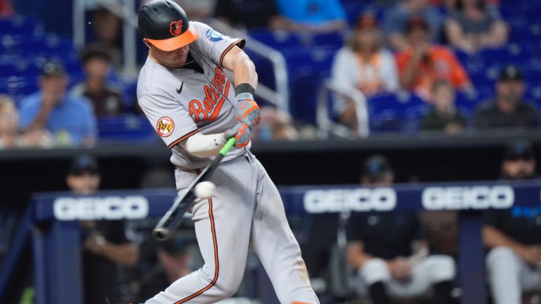 Baltimore Orioles' Ryan Mountcastle hits a single scoring Jordan Westburg during the 10th inning of a baseball game against the Miami Marlins, Thursday, July 25, 2024, in Miami. (Wilfredo Lee/AP)