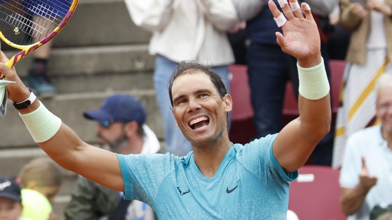 Rafael Nadal of Spain celebrates after defeating Leo Borg of Sweden in their men's singles match at the Nordea Open tournament in Bastad, Sweden, July 16, 2024. (Adam Ihse/TT News Agency via AP)