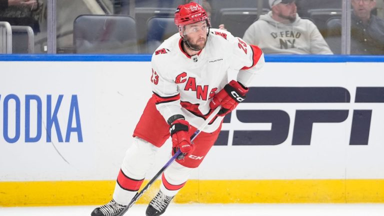 Carolina Hurricanes' Stefan Noesen during the second period of Game 3 of an NHL hockey Stanley Cup first-round playoff series against the New York Islanders, Thursday, April 25, 2024, in Elmont, N.Y. (Frank Franklin II/AP Photo)