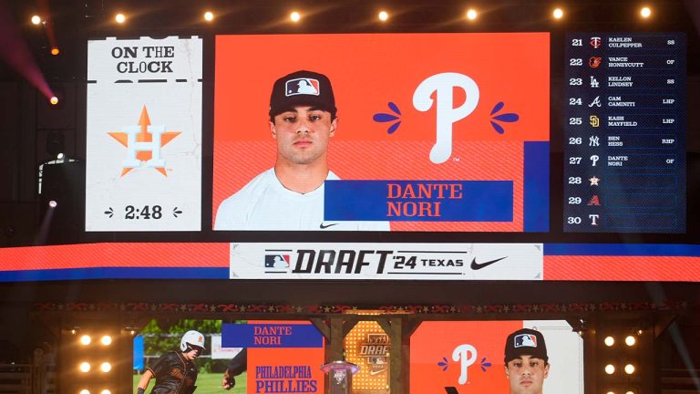 A photo of Dante Nori is shown on the video board after he was selected 27th overall by the Philadelphia Phillies in the first round of the MLB baseball draft in Fort Worth, Texas, Sunday, July 14, 2024. (LM Otero/AP)