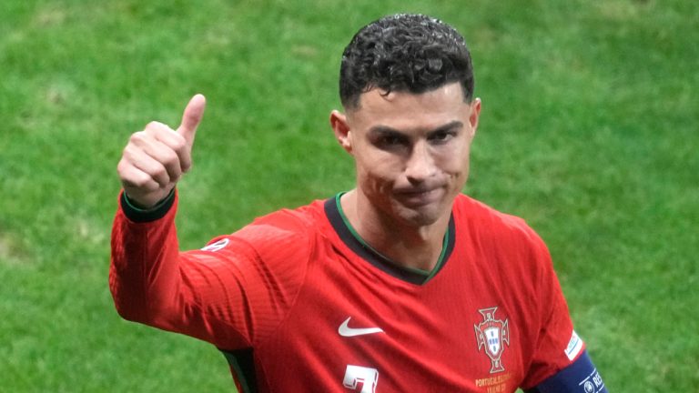 Portugal's Cristiano Ronaldo is seen after the win against Slovenia during a round of sixteen match between Portugal and Slovenia at the Euro 2024 soccer tournament in Frankfurt, Germany, Monday, July 1, 2024. (Michael Probst/AP)