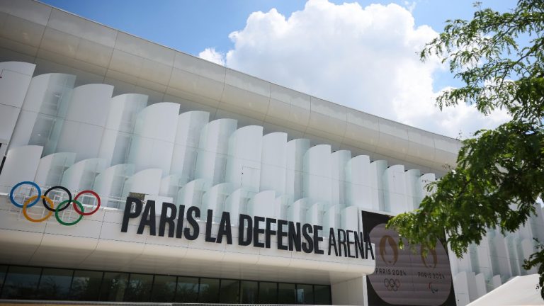 A view of the Paris La Defense Arena, Wednesday, June 12, 2024 in Nanterre, outside Paris. The Paris La Defense Arena will host the swimming and some water polo events during the Paris 2024 Olympic Games. (AP/Thomas Padilla)