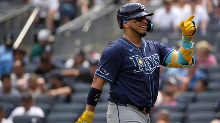 Tampa Bay Rays' Isaac Paredes celebrates after hitting a home run during the fifth inning of a baseball game against the New York Yankees, Saturday, July 20, 2024, in New York. (Pamela Smith/AP Photo)