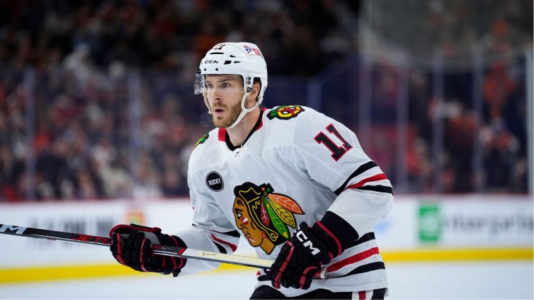 Chicago Blackhawks' Taylor Raddysh plays during an NHL hockey game, Saturday, March 30, 2024, in Philadelphia. (Matt Slocum/AP Photo)